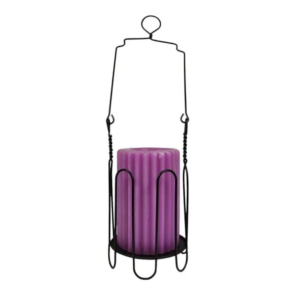 Purple Ribbed Pillar Candle Hanging Black Twisted Wire Holder Lantern Stand Used - Picture 1 of 12